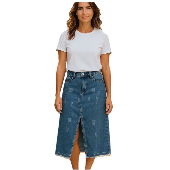 ThCrease Dresses & Skirts - ThCreasa Women's Stretch Denim Maxi Skirt Size Large High Split Raw Hem Med Wash